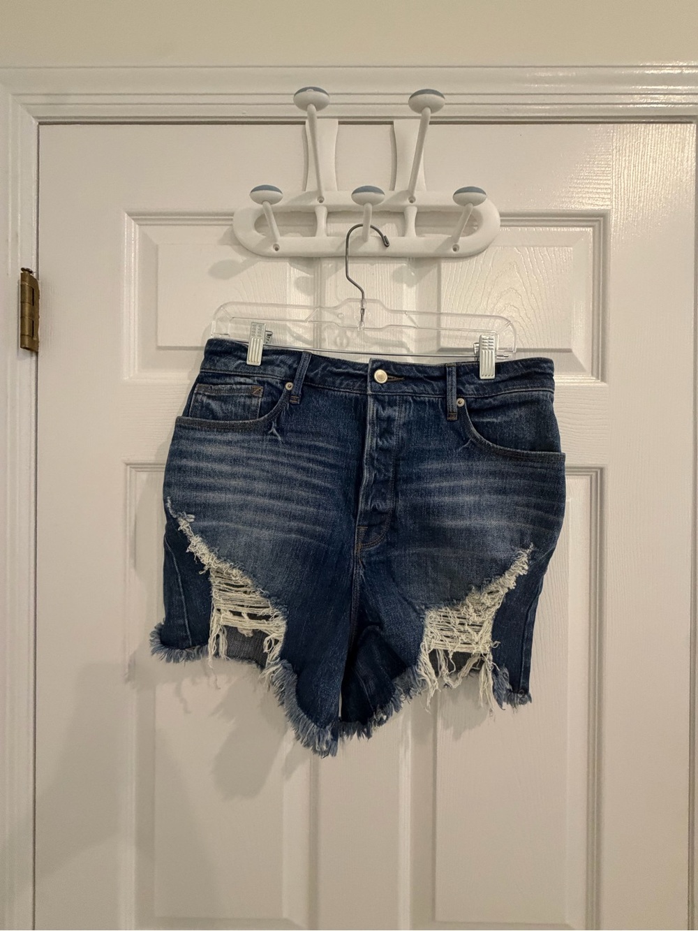 Good American Dark Blue Distressed Denim Cutoff Shorts